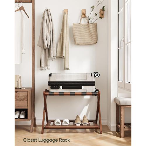 Fully Assembled Walnut Bamboo Luggage Rack with Shoe Shelf, Folding Suitcase Stand with 5 Heavy-Duty Straps, Large Wooden Luggage Holders for Guest Room, Ideal for Bedroom, Hotel