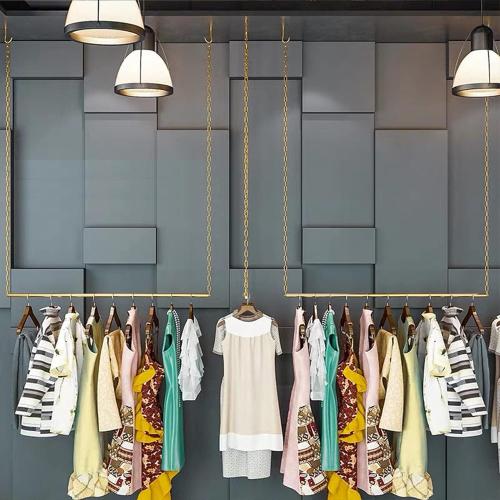 2 Pcs Height Adjustable Metal Chain Clothing Hanging Racks,Creative Commercial Wedding Dress Display Shelf,Retail Store Garment Rack,Ceiling Mount Clothes Storage Rod (Gold, 35.5 L)