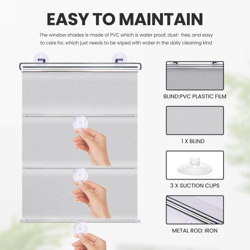 No Drilling Retractable Roller Window Shades W/3 Suction Cups, Black Blackout Blind Shade Temporary Cover Curtain for Home Bedroom Car (49.21 L×22.83 W, Silver Coating)