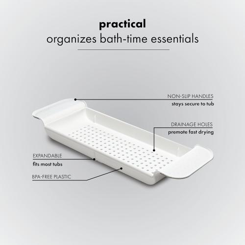 Madesmart Expandable Bath Tray for Bathtubs, Plastic Shower and Bath Shelf Caddy, White, Multifunctional Bathtub Bathroom Organizer