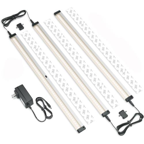 EShine Hand Wave Activated Under Cabinet LED Lighting Kit, Dimmable, 3-Pack 20 in - Touchless Dimming Control, Black Under Counter Lights for Kitchen, Garage, Office, Desk - Warm White (3000K)