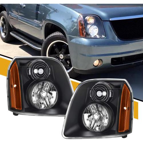 Headlight Assembly Pair Compatible with GMC Yukon/Yukon XL 1500 2500 2007-2014, Factory-Style Head Lamp Replacement 15861026 15861025, Black Housing Amber Side, Left and Right Side