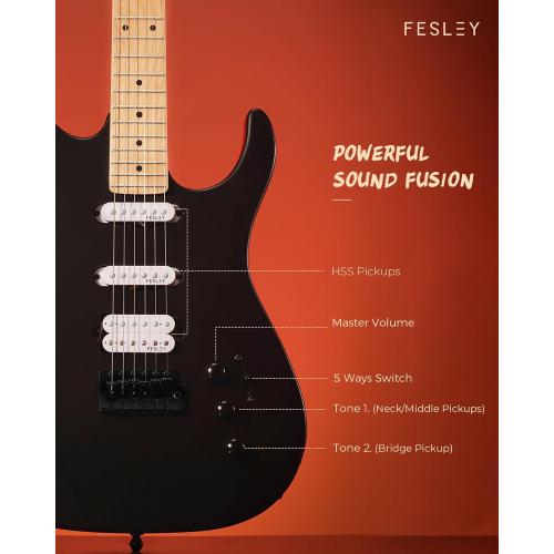 Fesley 39 Electric Guitar, Full Size Solid Body Electric Guitars For Beginner, ST Style, Maple Neck/Fretboard, Electric Guitar Kit With HSS Pickup, Gig Bag, Matte, Morandi Black