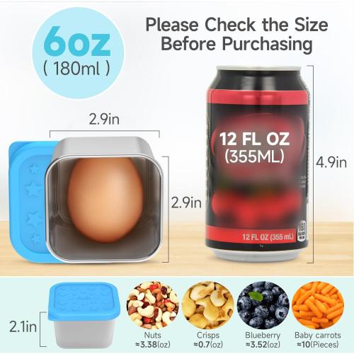 SOPHICO Stainless Steel Snack Containers for Kids, 6 oz Leak Proof Small Food Storage Container with Silicone Lid, 304 Metal Toddler Lunch Box for Daycare, School and Travel (6 Pack)