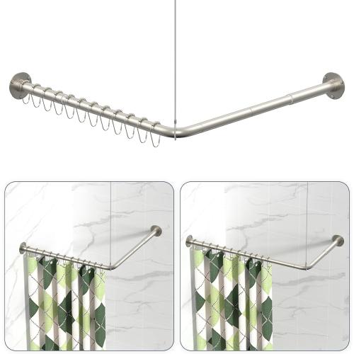 L Shaped Shower Curtain Rods, Adjustable (23''-69'' X 23''-69'') Corner Shower Rod with 12 Shower Curtain Rings, All 304 Stainless Steel, for Bathroom, Bathtub, Clothing Store, Need to Drill, Silver
