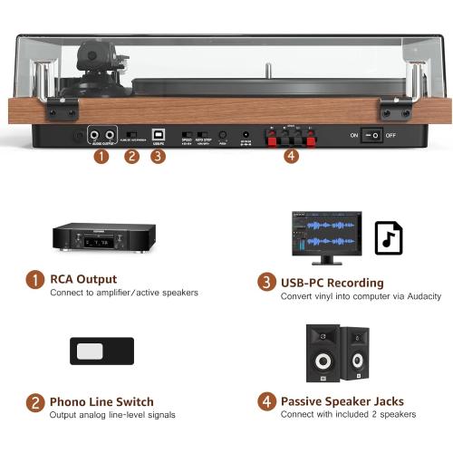 Record Player Turntable with 40W Speakers and Bluetooth Output Input for Vinyl Records,Vinyl Record Player with Built-in Preamp,AT-3600L Cartridge,USB Record,Pitch and Counterweight