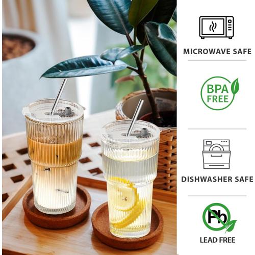 Iced Coffee Cups with Lids and Straws, 20 OZ Glass Tumbler with Straw and Lid, Clear Ribbed Glass Cups Reusable to Go Coffee Tumbler for Matcha, Smoothie, Cocktail,Latte, 4 Pcs MISSING ACCESSORIES