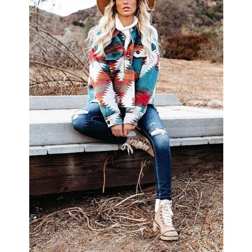 happlan Aztec Denim Jacket For Women Lapel Button Down Print Shirt Coat Shacket size large