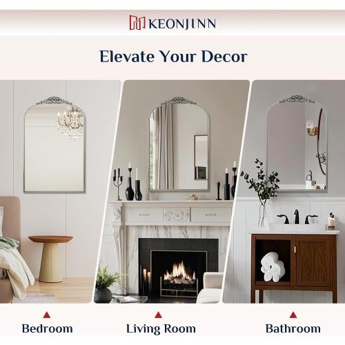Keonjinn Vintage Mirror 24 x 36, Antique Mirrors for Wall Decor, Silver Arched Decorative Mirror for Mantle, Hallway, Living Room, Fireplace, Bedroom, Bathroom Mirror with French Cleat Mounting