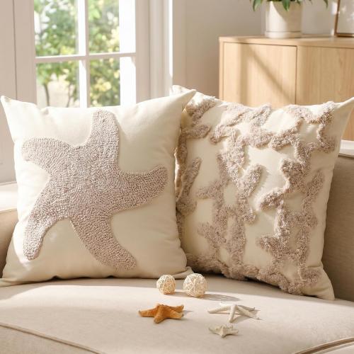 Moucuny 2 Pcs Starfish Pillow Covers 18x18, Beach Coastal Pillow Cases