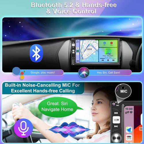7” Wireless Apple CarPlay Double Din Car Stereo,FM Car Radio,Bluetooth 5.2,IPS Touchscreen 1024 * 600, Backup Camera,EQ Audio,Dual USB Type-c Charging,Subwoord,Android Auto,Navigation,CarPlay MP5
