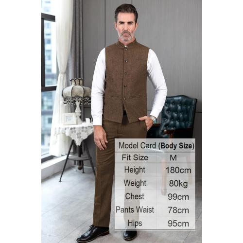 Tuikayoo Mens Herringbone Wool Vests Suit Business Tweed High Collar Waistcoats Slim Fit Size large