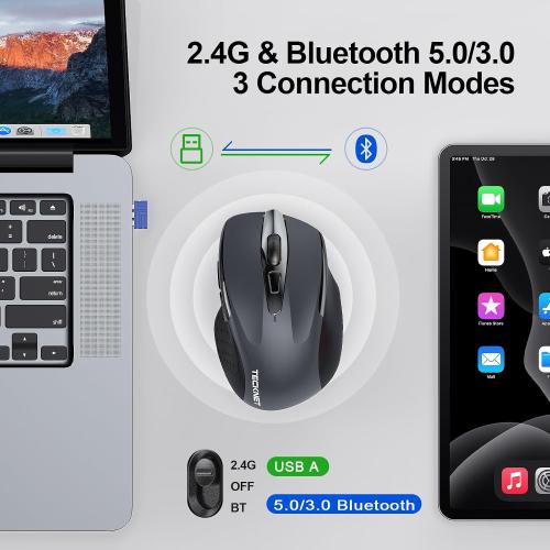 TECKNET Wireless Mouse, BT 5.0/2.4G, Silent 4800 DPI 6 Buttons, Grey
