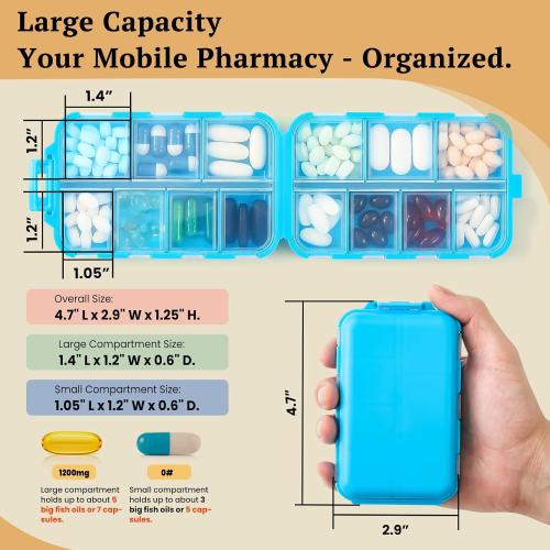Travel Pill Organizer with Bulk Stickers & Labels - Small & Portable Week Daily Medicine Pharmacy for Pocket, Bag - 14-Compartment Foldable Supplement Box Holder for Fish Oil Vitamin - Blue