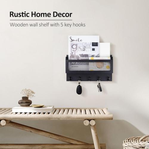 Nekon Mail and Key Holder for Wall Decorative, 11 Inch Wooden Wall Key Organizer with 5 Key Hooks, Wall Mount Storage Shelf for Entryway Hallway (Black)