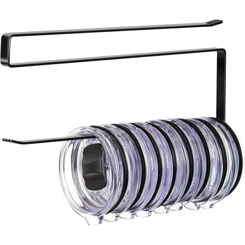 Tumbler Lid Organizer, Versatile Tumbler Lid Storage Holds 10 Lids, Black | Space Saving Cup Lid Organizers Inside Cabinet Tumbler Lid Hook for Kitchen Organizer and Storage, Paper Towel Rack Hanger