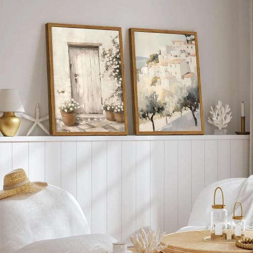 Framed Vintage Italian Wall Art Set of 3, Rustic Neutral Olive Tree Pictures Wall Decor, Mediterranean Farmhouse Landscape Paintings Canvas Prints Country Home Decor for Living Room Bedroom 16x24 inch