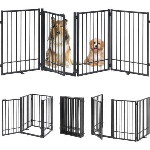 Metal Freestanding Dog Gate with Door, Extra Wide 81, 31 Height Foldable Dog Gates for Doorways, Tall Pet Fence Indoor Outdoor Pet Gates, 4 Panels Pet Barrier for Stairs Hallways, Black