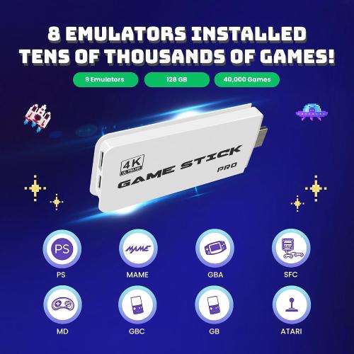 White Boltz Retro Stick Gaming Stick – Retro Gaming Console with 40,000  Classic Video Games, 9 Emulators, 128GB Storage, Plug & Play 4K HDMI Output, Includes 2 Wireless 2.4GHz Controllers