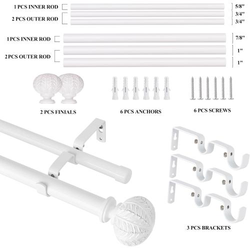 WHITE Double Curtain Rods,WL.Rocaille 1 Inch Curtain Rods 72 to 144 Inches,Window Telescoping Dual Curtain Rod Set with End Cap,Adjustable Decorative White Curtain Rods for Bedroom,living Room