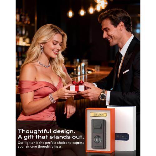 6-in-1 Torch Lighter with Triple Flame, Built-in V & Straight Tool, Punch, Holder, Draw Enhancer, Windproof & Refillable Butane Torch Lighters, Cool Lighters with Gift Box for Men, Candle, Outdoors