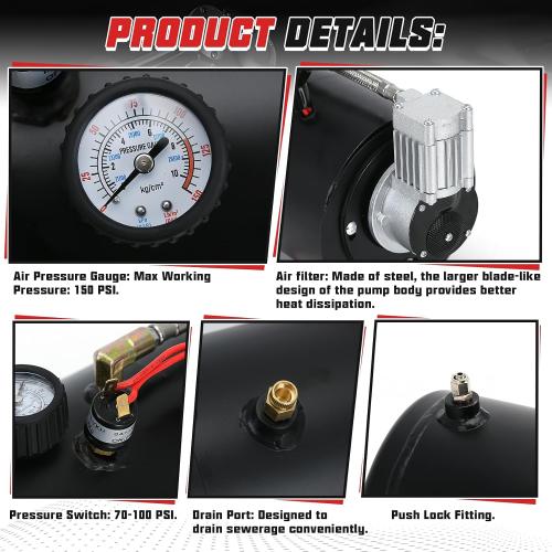 PTNHZ DC 12V MAX 150PSI Air Compressor Tank Pump w/3 Liter 0.8 Gallon Tank For Train Truck Boat Pickup Motorhome Portable Air Compressor Pump