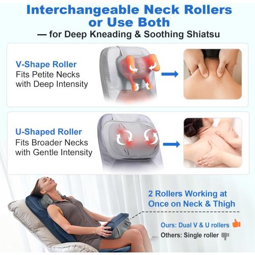 Shiatsu Massage Cushion for Neck and Back with Heat - 4D Kneading, Vibration for Relief Muscle Tension, Dual-Neck Design, Adjustable Intensity and Height for Office Chair, Home Use, Navy Blue