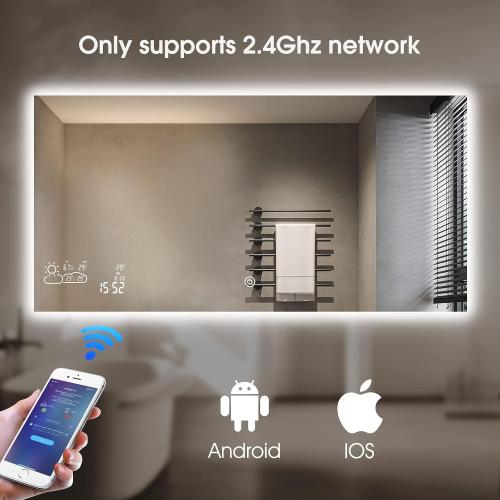BYECOLD 48”x24” Smart Bathroom Mirror Wi-Fi Enabled Weather Display, Anti-Fog LED Light Vanity Mirror Backlit Frameless Lighted Touch Sensor Makeup for Wall - Horizontally Hang Only