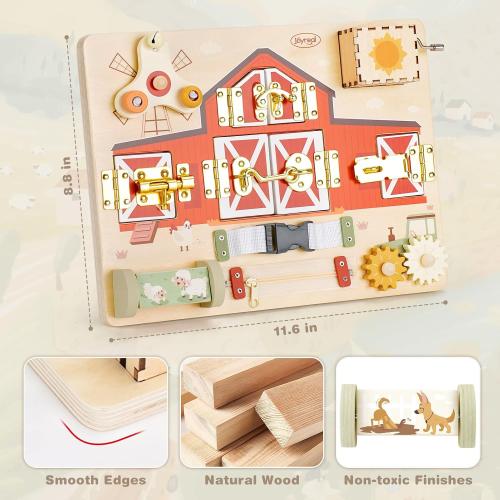 Joyreal Wooden Montessori Busy Board with Music Box for Toddlers | Farm Theme Sensory Activity Board, Fine Motor Skills Travel Toy, Educational Learning Toy, Birthday Christmas Gift