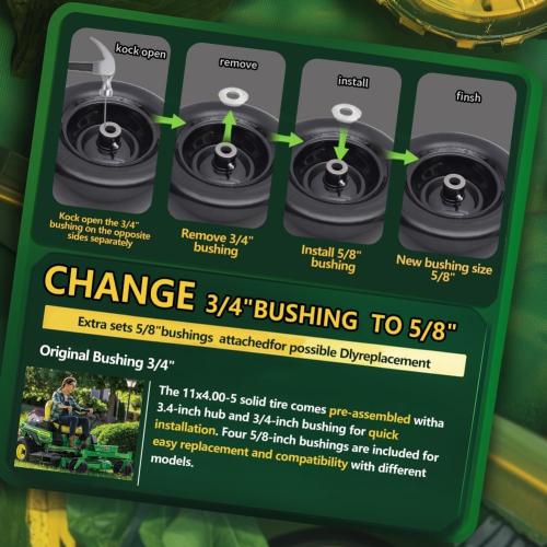 Black 11x4.00-5 Flat Free Tire and Wheel (2 Pack),Universal 11x4-5 Solid Smooth Tractor Turf Tire with Rim, 3.4 Centered Hub and 3/4 & 5/8 Bushing, For Zero Turn Mowers and Riding Lawn Mower