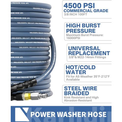 Pressure Washer Hose 100FT 3/8 for Cold and Hot Water 212°F, with Swivel Quick Connect, 4500PSI Kink Resistant Grade Steel Wire Braided, Power Washer Hose With 2pcs M22-14mm Adapter