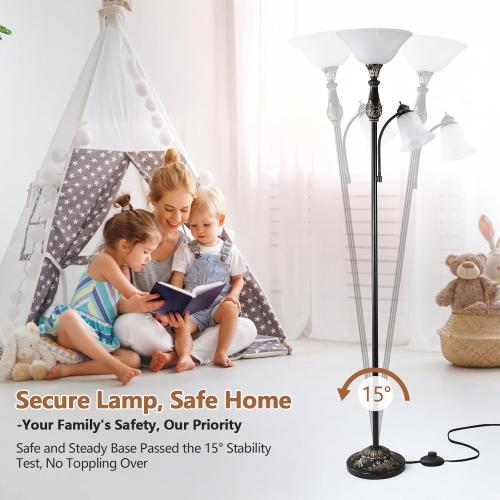 Torchiere Floor Lamps for Living Room & Bedroom, 71 Vintage Victorian Floor lamp with Reading Light, Tall Corner Standing Farmhouse Lamp for with Glass Shade Home Office Decor, Black