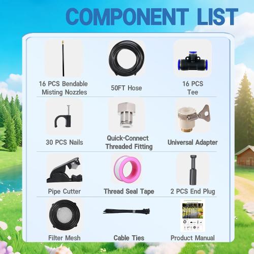 360° Adjustable Drip Irrigation System - 50FT 15/32 inch Hose | High Water Flow，No Drying Out，Garden Watering Atomizing System with 16 Copper Nozzles，suitable for gardens, patios, plants