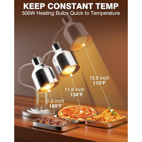 PYY Commercial Food Warmer - 2-Head Electric Heating Lamp, 500W Stainless Steel Catering Food Warming Lamp for Restaurant Kitchen, Cafeteria