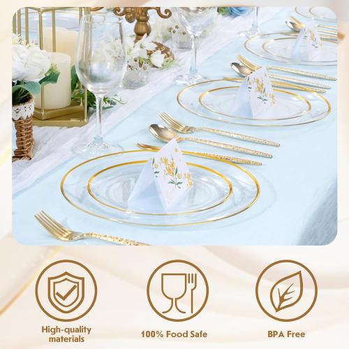 LIYH 120 Pcs Clear Gold Plastic Plates for Holiday Plastic Plates Disposable Elegant Disposable Plate Included Dinner & Dessert Plate for Wedding Holiday Valentines Day