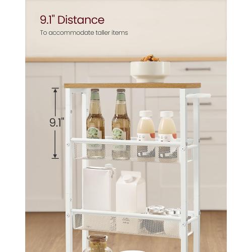 VASAGLE Slim Rolling Cart, 4-Tier Storage Cart, Narrow Cart with Handle, 5.1 Inches Deep, Metal Frame, for Kitchen, Dining Room, Living Room, Home Office, Oak Beige and Classic White ULRC032W09