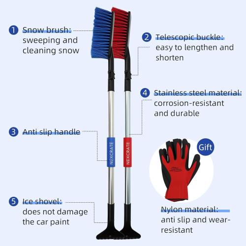 Extra Long Telescoping Car Snow Brush & Ice Scraper - Adjustable 35.2 to 51.57 Handle, Wide Bristles for SUV & Truck Windshields (Blue)