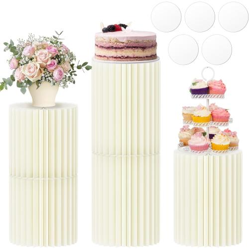 Cecnamt Cylinder Stands for Party,5 Pcs Paper Cylinder Pedestal Stand with Acrylic Disc Foldable Round Pillars Pedestal Cake Stands for Wedding Party Decor