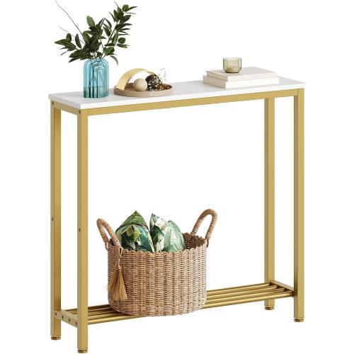 YATINEY Narrow Console Table, 2-Tier Small Sofa Table, 29.5 Thin Entryway Behind Couch Table with Shelves, Industrial Hallway Table, for Living Room, Foyer, White and Gold CT03DW