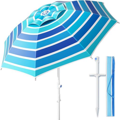 8FT Large Beach Umbrella with Heavy Duty Sand Anchor & Tilt Sun Shelter, Wind Resistance, UPF50  UV Protection, Waterproof Canopy, Portable for Beach Outdoor Patio Yard Garden Pool