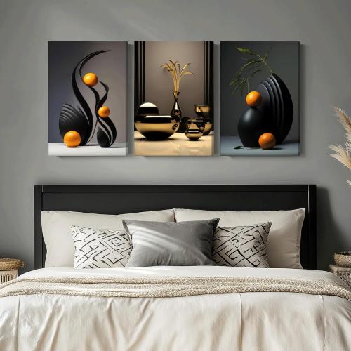 Framed Black Abstract Canvas Wall Art Three-Dimensional Sculpture Ceramic Wall Deco Pictures Modern Still Lifes orange Black Shape Posters Prints for Living Room Bedroom Bathroom Home Decoration
