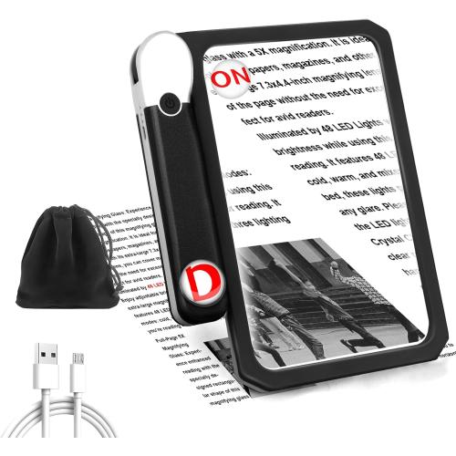 30X 10X 5X Large Magnifying Glass with Light, Rechargeable Foldable Full Book Page Magnifier, 48 LED Light Small Print Magnifier Sheet Lightweight for Low Visual Person and Seniors (Black)