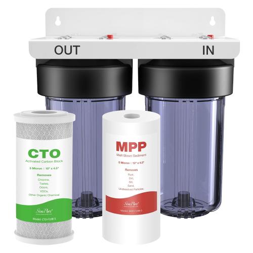 SimPure Whole House Water Filter System, 2 Stages Clear Home Water Pre-Filtration with Carbon and Sediment Filters, Reduce Odor, Chlorine, Taste, Iron, Lead, 1 NPT Brass Port, BPA Free(DB10C-2)