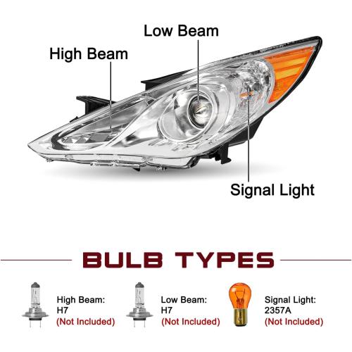 JSBOYAT Headlight Assembly Compatible with 2011-2014 Hyundai Sonata 4 Door Sedan w/Projector Halogen, Not Fit for Hybrid Models, Chrome Housing with Amber Reflector