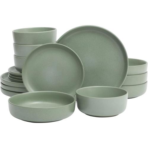 (SET INCOMPLETE) (12) Gibson Elite Pasco 16 Piece (Service for 4) Plates and Bowls Double Bowl Reactive Glaze Dishes Stoneware Ceramic Dinnerware Set - Green