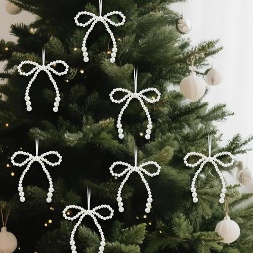 12 Pcs Pearl Bow Ornaments Bowknot Tree Topper Decor Hanging Ornament Pendant Gift for Wedding Birthday Party Indoor Decoration (White)