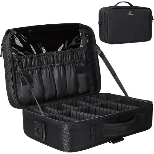 Relavel Travel Makeup Train Case Makeup Cosmetic Case Organizer Portable Artist Storage Bag with Adjustable Dividers for Cosmetics Makeup Brushes Toiletry (medium black)