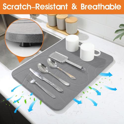 Stone Drying Mat for Kitchen Counter - 18x14 Dirt-Resistant Quick Drying Fast Absorbent Non-Slip Diatomite Mat, Natural Diatomaceous Earth Dish Drying Pad for Dish Rack(Dark Grey)