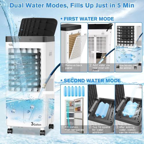 Evaporative Air Cooler, Swamp Cooler with 3 Gal Water Tank, 20H Cooling Time Swamp Cooler Air Conditioner, 80°oscillation,Portable Cooling Fan for Office/Room/Garage/Kitchen