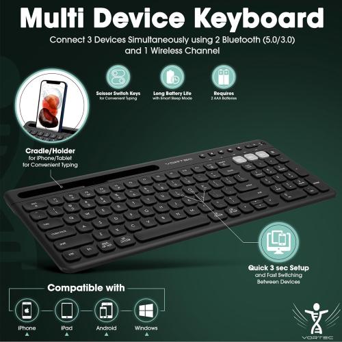 Multi Device Wireless Keyboard - Bluetooth Keyboard for Tablet - Universal Compatible with iPhone iPad Android Phone Cellphone PC Computer - Built-in Stand - Long Battery Life - Easy Setup